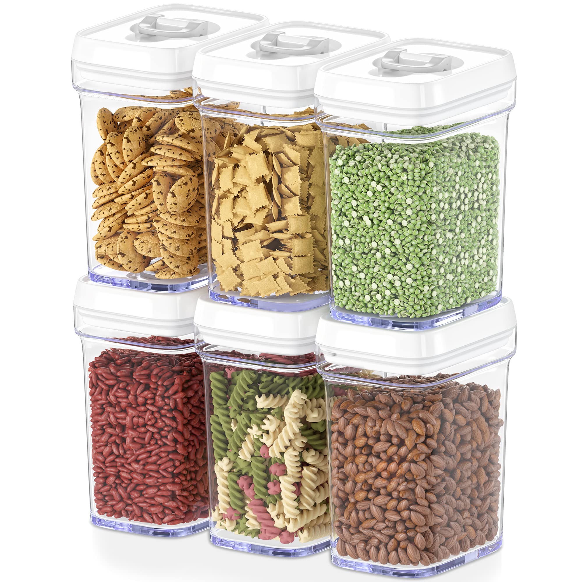 DWËLLZA KITCHEN Airtight Food Storage Containers for Pantry With White Lids – 6 Pack - Clear Air Tight Kitchen Containers Pantry Organization and Storage - BPA-Free Plastic - Keeps Food Fresh & Dry