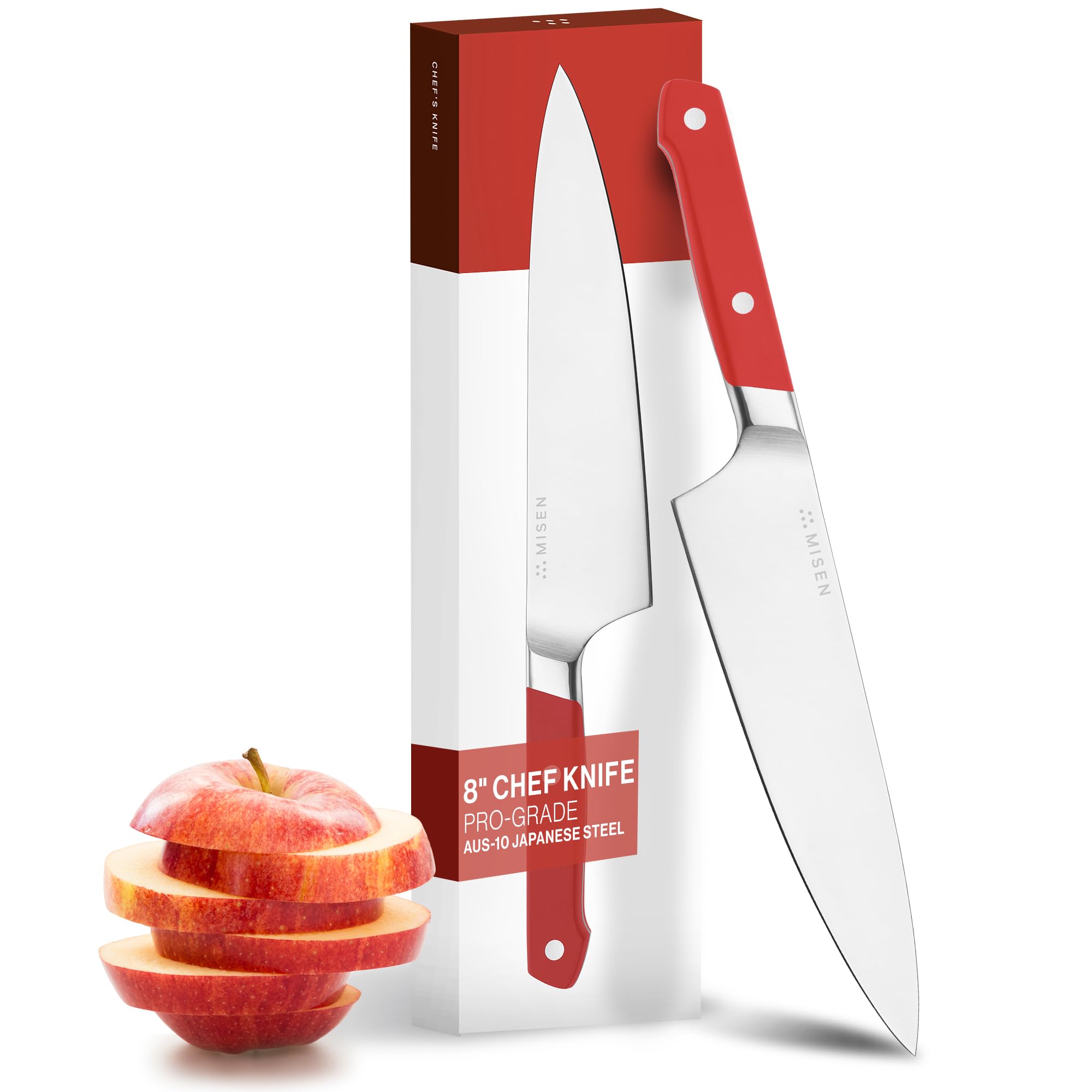 Misen Japanese Santoku Chef Knife - 8 Inch High Carbon Stainless Steel - Classic Japanese Knife Design for Cutting Slicing and Chopping - Razor Sharp Japanese Style Kitchen Knife - Red